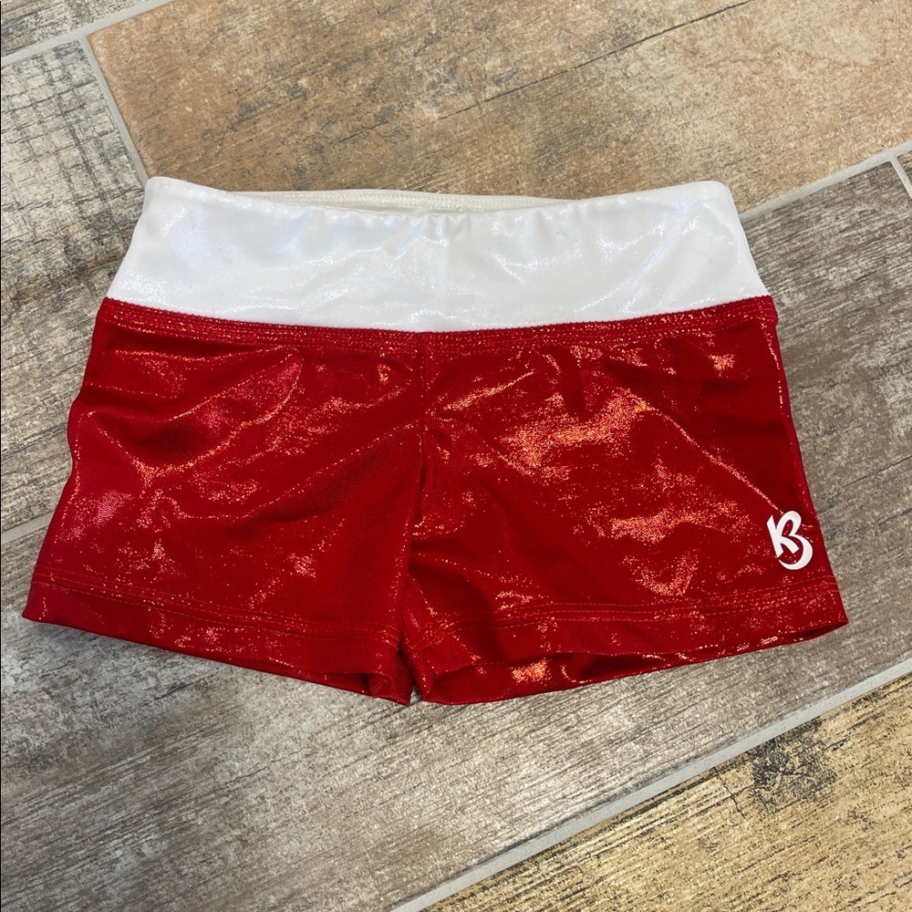 K-Bee Gymnastics Spandex Shorts Size Child Large CL Red White Glitter Sparkle